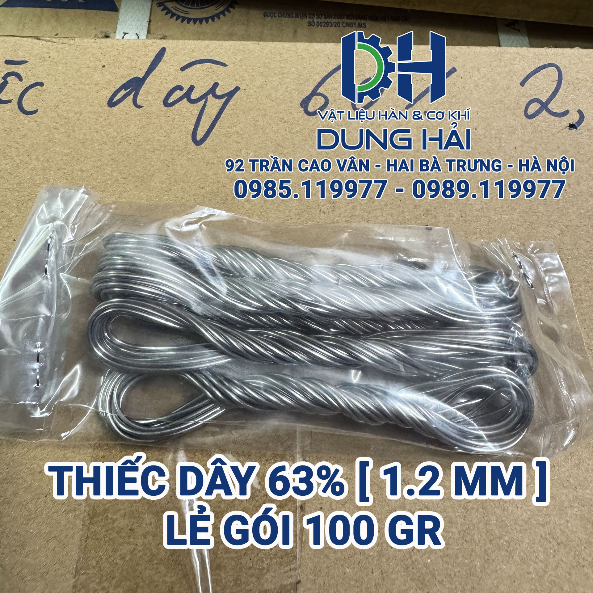 Thiếc dây cuộn tỷ lệ vàng 63% kích cỡ 1.2mm tiêu chuẩn sản xuất cho nhà máy điện tử tích hợp sẵn lõi thuốc trợ hàn flux bán lẻ gói 100gr giá gốc tại Tổng kho vật liệu hàn Dung Hải Chợ Trời.