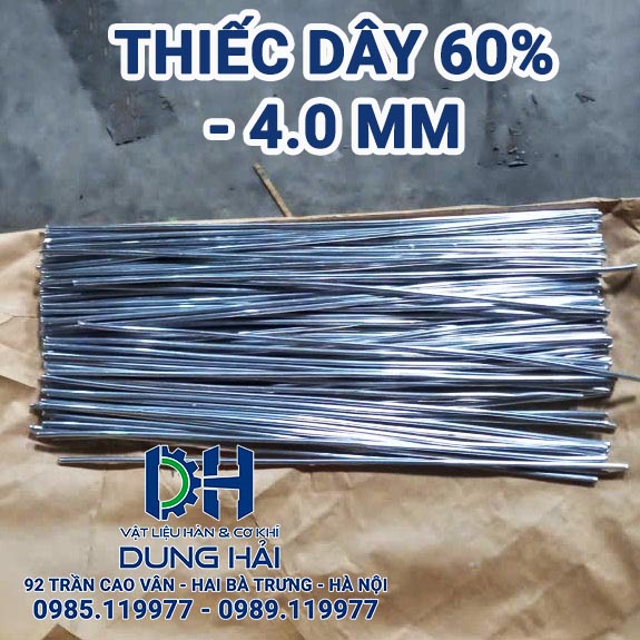 Thiếc dây hợp kim 60% đường kính 4.0mm dạng sợi thẳng cắt sẵn từng đoạn dài 60-70cm chuyên dụng cầm tay gò két nước ô tô tải và máng xối tôn bán sỉ lẻ tại Vật liệu hàn Dung Hải Chợ Trời