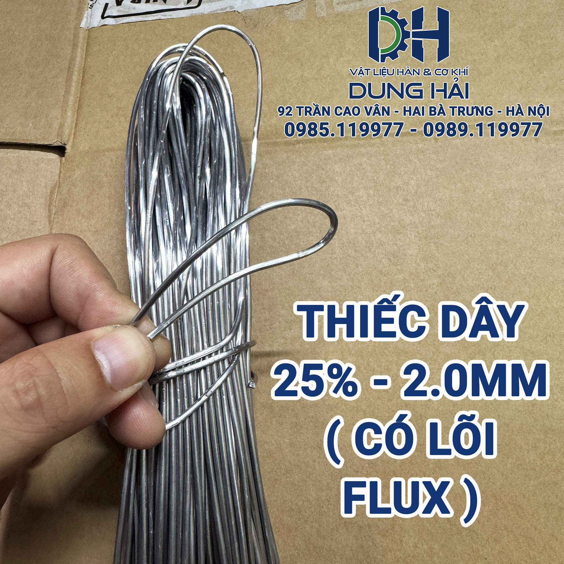 Thiếc dây hợp kim chứa 25% thiếc đường kính sợi 2.0mm tích hợp lõi thuốc trợ hàn flux chuyên dùng cho thợ gò máng xối tôn vá két nước cơ khí bán theo kilôgam giá sỉ tận sạp Dung Hải Chợ Trời Hà Nội.