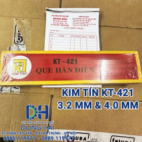 Que hàn điện Kim Tín KT-421 vỏ hộp xanh tiêu chuẩn AWS E6013 đầy đủ kích cỡ sợi 2.5ly bó 2.5kg sợi 3.2ly và 4ly bó 5kg chuyên dùng hàn sắt hộp thép hình dân dụng bán sỉ lẻ giá tốt tại Cửa hàng vật liệu hàn Dung Hải Chợ Trời Hà Nội.