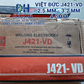 Que hàn điện Việt Đức mã J421-VD tiêu chuẩn quốc tế AWS E6013 đầy đủ kích cỡ sợi 2.5ly bó 2.5kg sợi 3.2ly và 4ly bó 5kg chuyên gá ráp kết cấu sắt thép hộp xưởng cơ khí dân dụng bán sỉ lẻ tại Cửa hàng vật liệu hàn Dung Hải Chợ Trời Hà Nội.