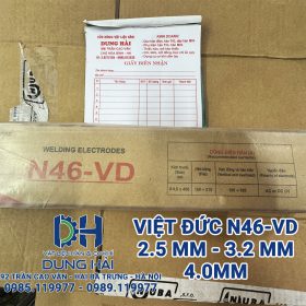 Que hàn điện Việt Đức mã N46 phân khúc chất lượng cao tiêu chuẩn AWS E6013 giới hạn bền kéo 46kgf/mm2 kích cỡ 3.2ly và 4ly đóng gói bó 5kg chuyên dụng cho kỹ thuật đóng tàu và kết cấu thép chịu lực bán sỉ lẻ tại Cửa hàng vật liệu hàn Dung Hải Chợ Trời Hà Nội.