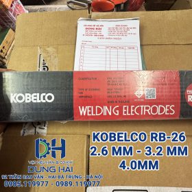 Que hàn điện Kobelco Nhật Bản mã RB-26 tiêu chuẩn quốc tế AWS E6013 đầy đủ kích thước sợi 2.6ly bó 2kg sợi 3.2ly và 4ly bó 5kg chuyên dụng hàn gá kết cấu sắt mỏng và đường ống thẩm mỹ bán sỉ lẻ tại Cửa hàng vật liệu hàn Dung Hải Chợ Trời Hà Nội.