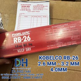 Que hàn điện Kobelco Nhật Bản mã RB-26 tiêu chuẩn quốc tế AWS E6013 đầy đủ kích thước sợi 2.6ly bó 2kg sợi 3.2ly và 4ly bó 5kg chuyên dụng hàn gá kết cấu sắt mỏng và đường ống thẩm mỹ bán sỉ lẻ tại Cửa hàng vật liệu hàn Dung Hải Chợ Trời Hà Nội.