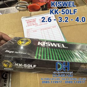 Que hàn chịu lực Kiswel KK-50LF mã tiêu chuẩn AWS E7016 xuất xứ Hàn Quốc bao bì hộp cam xanh đầy đủ kích cỡ sợi 2.6ly 3.2ly và 4ly đóng bó 5kg chuyên dụng hàn thép kết cấu dầm cầu đường bồn áp lực cao bán sỉ lẻ giá tốt tại Cửa hàng vật liệu hàn Dung Hải Chợ Trời Hà Nội.