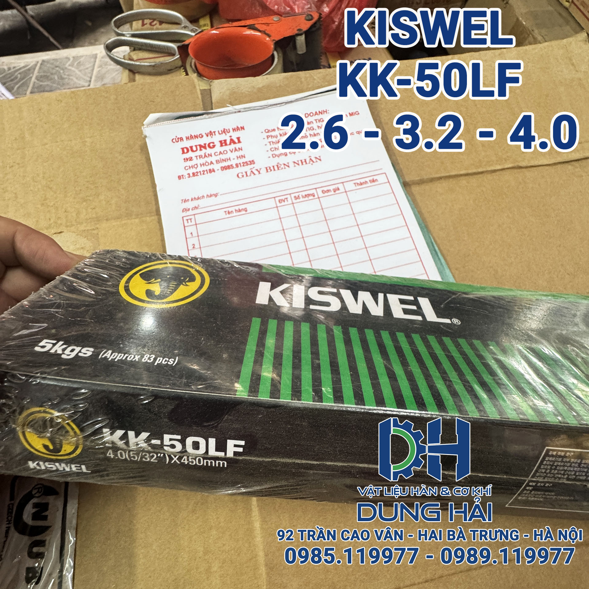 Que hàn chịu lực Kiswel KK-50LF mã tiêu chuẩn AWS E7016 xuất xứ Hàn Quốc bao bì hộp cam xanh đầy đủ kích cỡ sợi 2.6ly 3.2ly và 4ly đóng bó 5kg chuyên dụng hàn thép kết cấu dầm cầu đường bồn áp lực cao bán sỉ lẻ giá tốt tại Cửa hàng vật liệu hàn Dung Hải Chợ Trời Hà Nội.