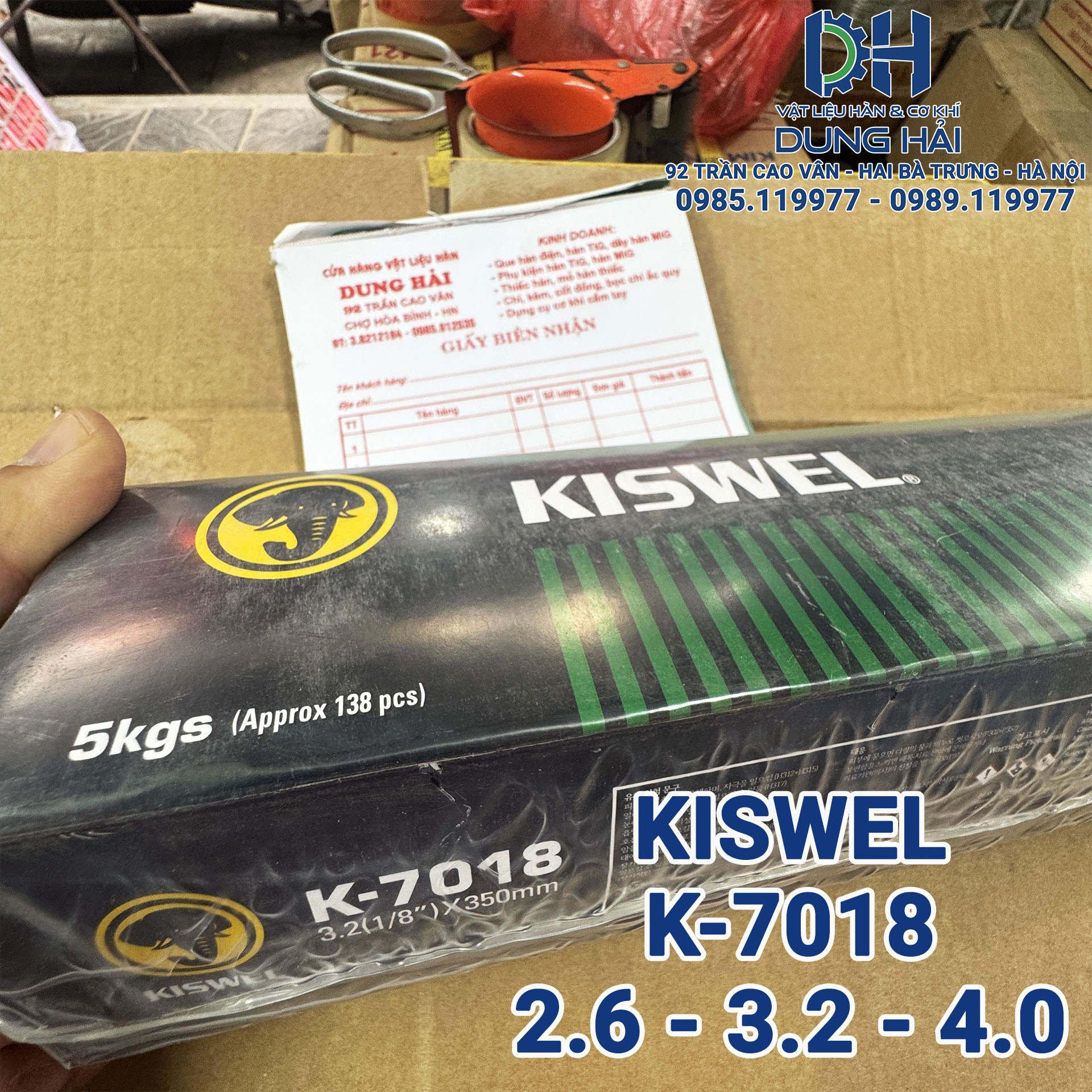 Que hàn Kiswel K-7018 mác tiêu chuẩn E7018 hàng Hàn Quốc chính hãng đầy đủ cỡ sợi 2.6ly bó 2kg sợi 3.2ly và 4ly bó 5kg thuốc bọc bột sắt chuyên hàn đắp kết cấu thép dày chịu tải cao bán tại Cửa hàng vật liệu hàn Dung Hải Chợ Trời.