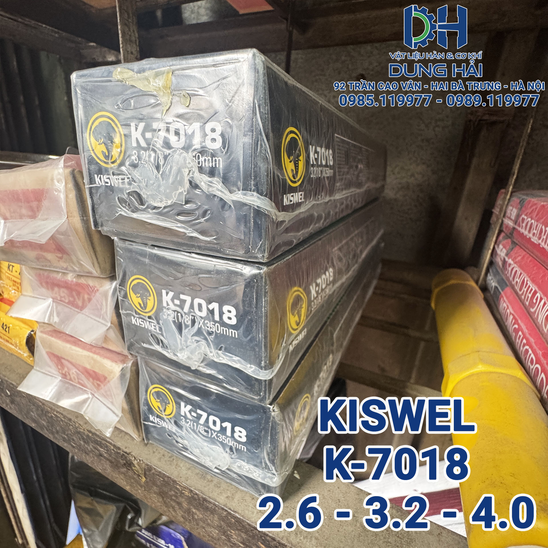 Que hàn Kiswel K-7018 mác tiêu chuẩn E7018 hàng Hàn Quốc chính hãng đầy đủ cỡ sợi 2.6ly bó 2kg sợi 3.2ly và 4ly bó 5kg thuốc bọc bột sắt chuyên hàn đắp kết cấu thép dày chịu tải cao bán tại Cửa hàng vật liệu hàn Dung Hải Chợ Trời.