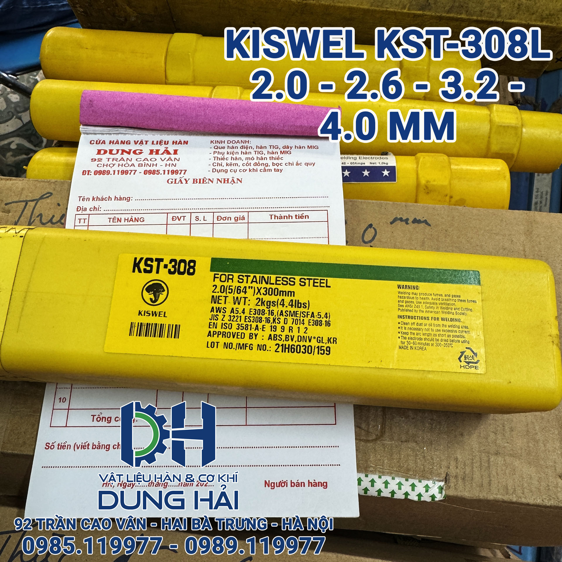 Que hàn inox Kiswel KST-308L mác tiêu chuẩn AWS E308L-16 sản xuất tại nhà máy Malaysia đóng gói bó 2kg có đủ các cỡ sợi 2ly 2.6ly 3.2ly và 4ly chuyên hàn inox 304 đồ dùng nhà bếp lan can bàn ghế sáng bóng không rỉ bán tại Cửa hàng vật liệu hàn Dung Hải Chợ Trời.