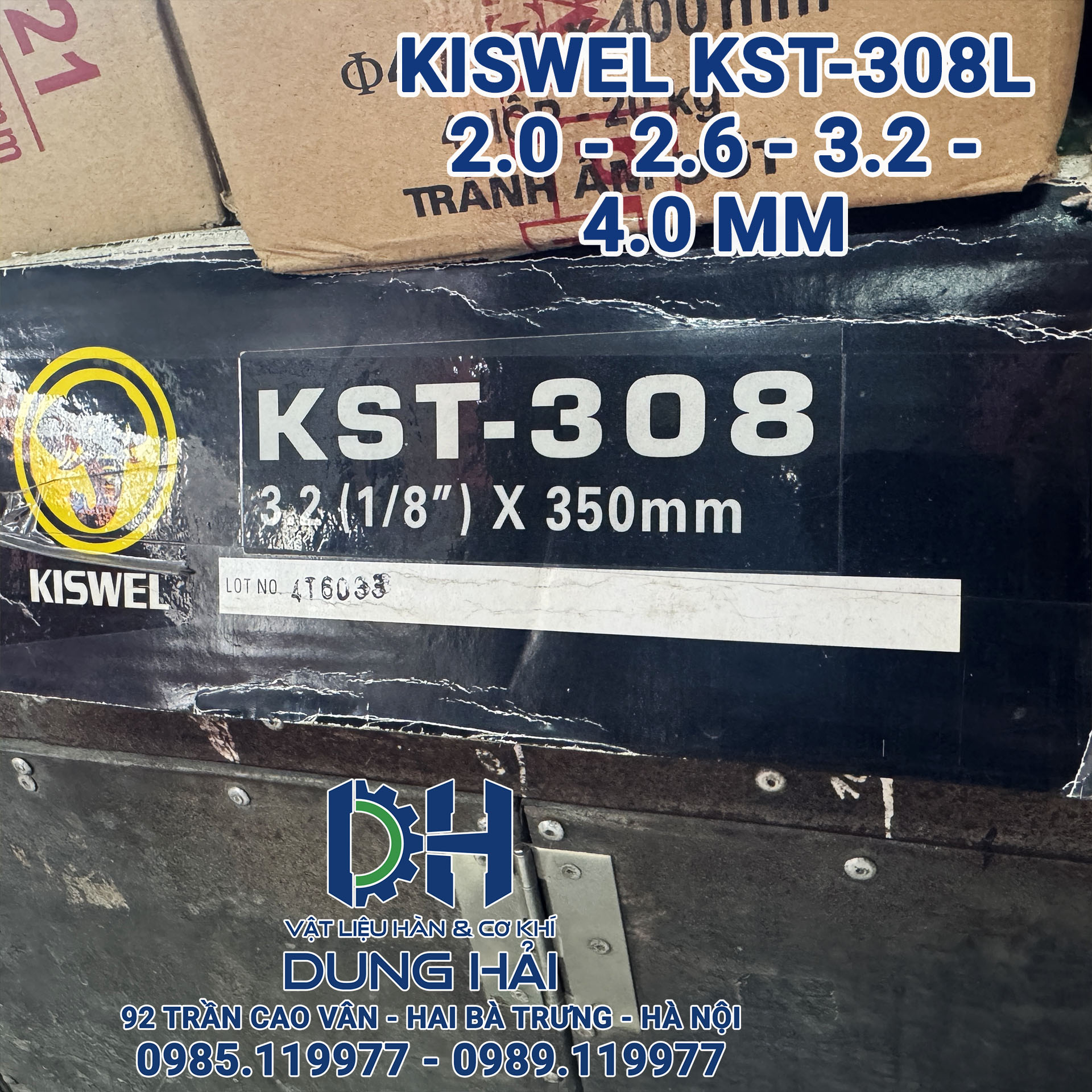 Que hàn inox Kiswel KST-308L mác tiêu chuẩn AWS E308L-16 sản xuất tại nhà máy Malaysia đóng gói bó 2kg có đủ các cỡ sợi 2ly 2.6ly 3.2ly và 4ly chuyên hàn inox 304 đồ dùng nhà bếp lan can bàn ghế sáng bóng không rỉ bán tại Cửa hàng vật liệu hàn Dung Hải Chợ Trời.
