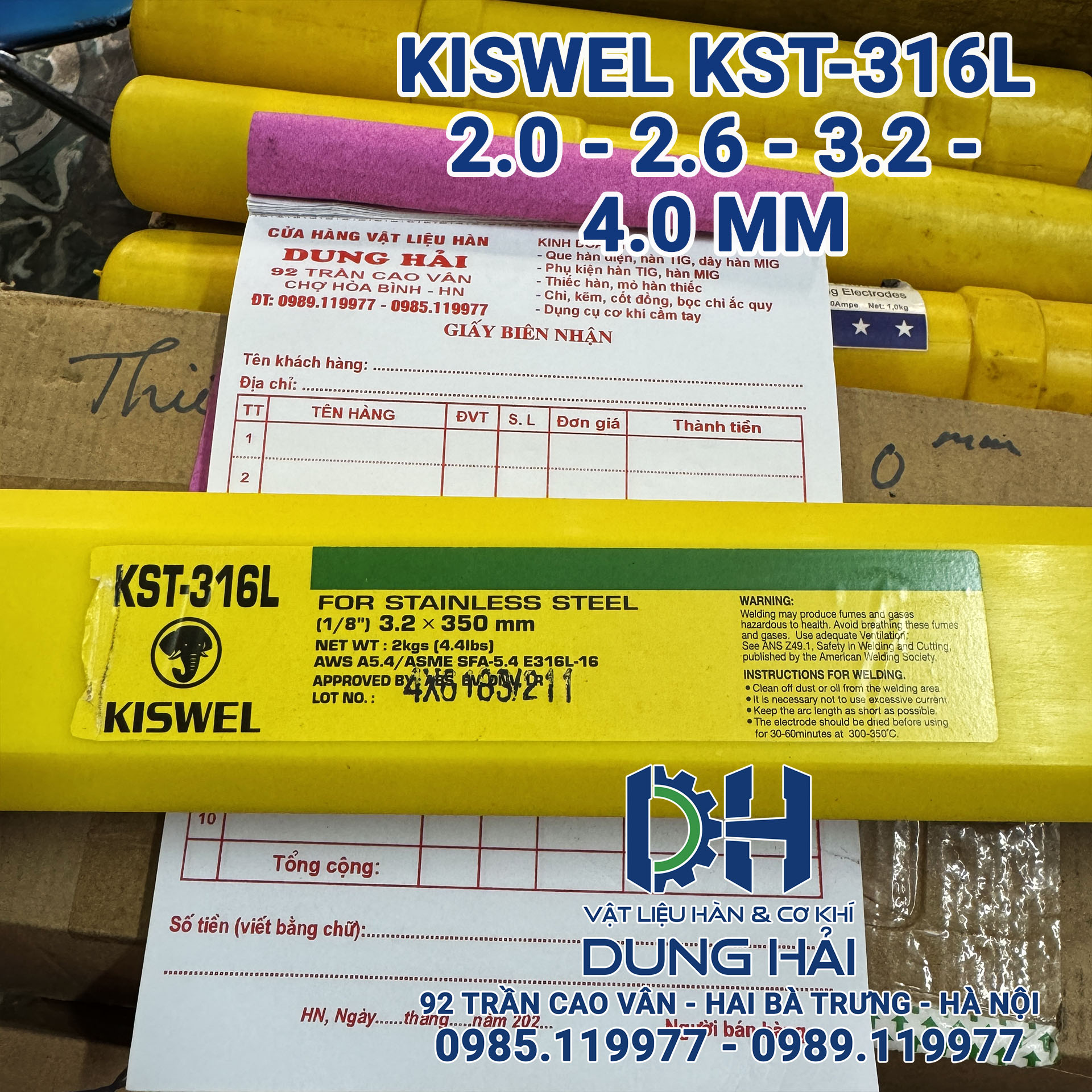 Que hàn inox chịu axit Kiswel KST-316L mác tiêu chuẩn AWS E316L-16 sản xuất tại nhà máy Malaysia đóng gói bó 2kg gồm các cỡ sợi 2.6ly 3.2ly và 4ly chuyên hàn ống công nghiệp bồn bể chứa hóa chất thực phẩm bán tại Cửa hàng vật liệu hàn Dung Hải Chợ Trời.