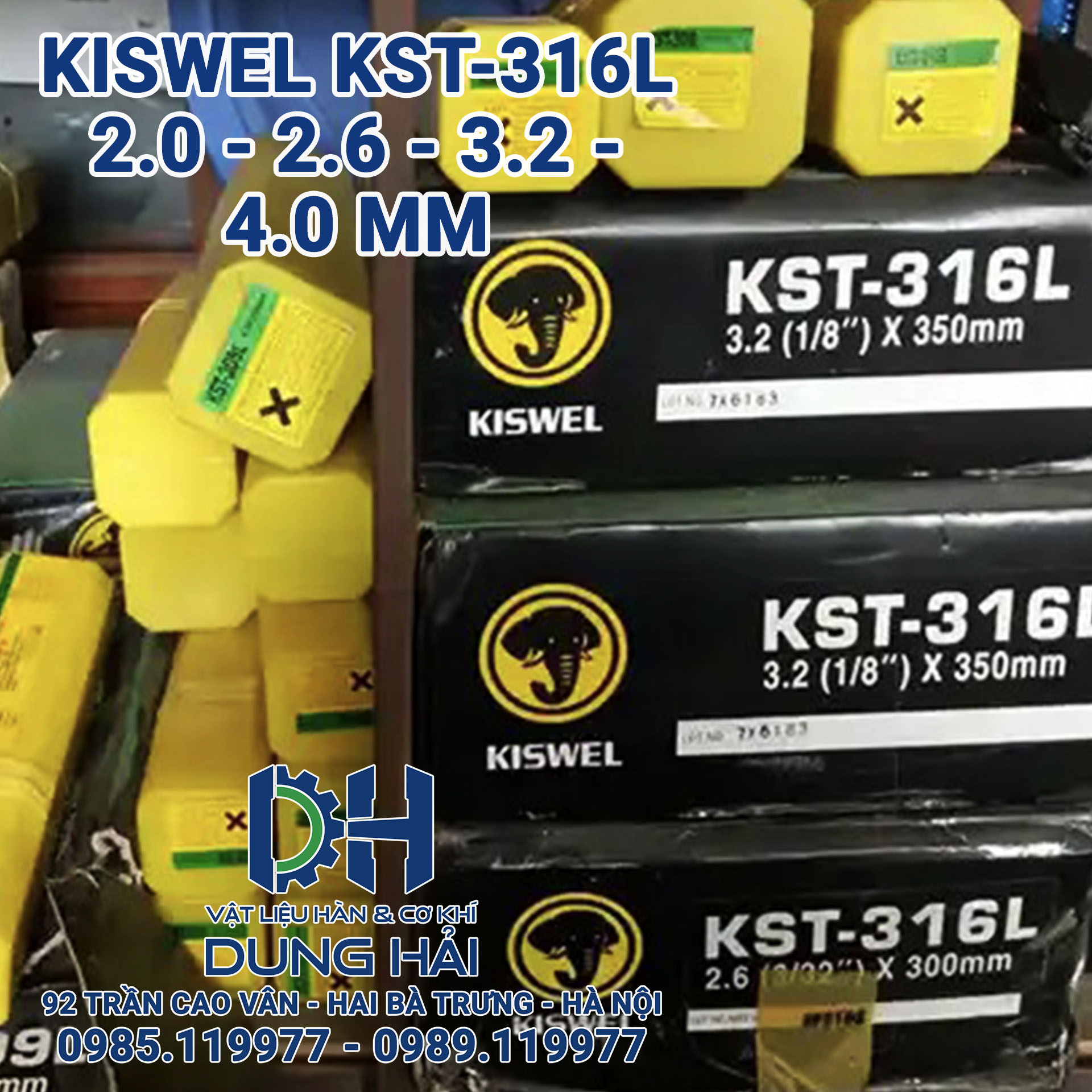Que hàn inox chịu axit Kiswel KST-316L mác tiêu chuẩn AWS E316L-16 sản xuất tại nhà máy Malaysia đóng gói bó 2kg gồm các cỡ sợi 2.6ly 3.2ly và 4ly chuyên hàn ống công nghiệp bồn bể chứa hóa chất thực phẩm bán tại Cửa hàng vật liệu hàn Dung Hải Chợ Trời.