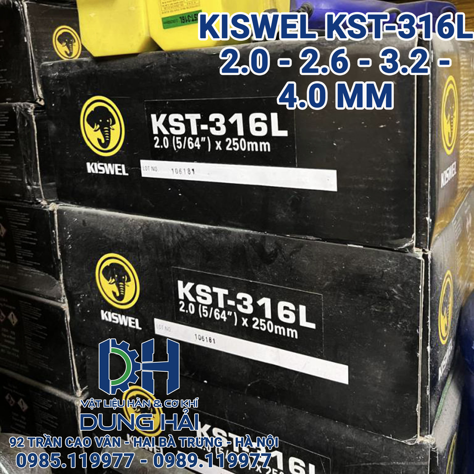 Que hàn inox chịu axit Kiswel KST-316L mác tiêu chuẩn AWS E316L-16 sản xuất tại nhà máy Malaysia đóng gói bó 2kg gồm các cỡ sợi 2.6ly 3.2ly và 4ly chuyên hàn ống công nghiệp bồn bể chứa hóa chất thực phẩm bán tại Cửa hàng vật liệu hàn Dung Hải Chợ Trời.