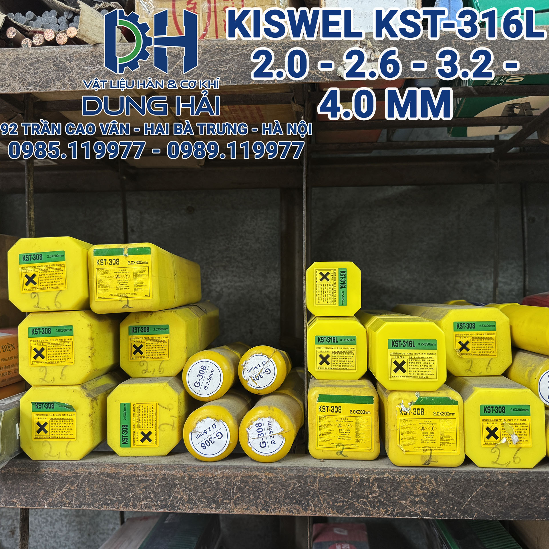 Que hàn inox chịu axit Kiswel KST-316L mác tiêu chuẩn AWS E316L-16 sản xuất tại nhà máy Malaysia đóng gói bó 2kg gồm các cỡ sợi 2.6ly 3.2ly và 4ly chuyên hàn ống công nghiệp bồn bể chứa hóa chất thực phẩm bán tại Cửa hàng vật liệu hàn Dung Hải Chợ Trời.