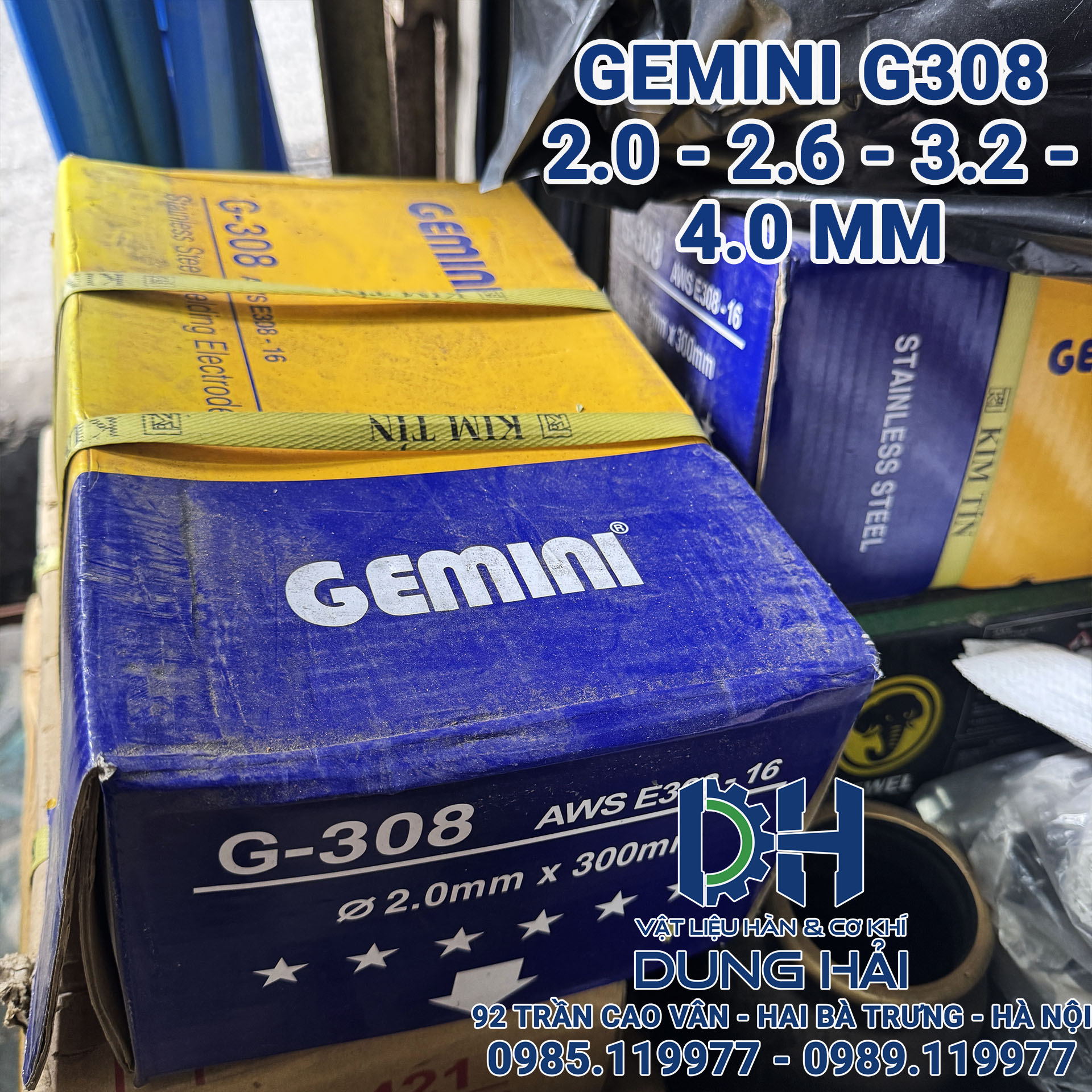 Que hàn inox Kim Tín mã Gemini G308 mác tiêu chuẩn AWS E308-16 hộp nhỏ đóng gói bó 1kg gồm đầy đủ kích cỡ sợi 2ly 2.6ly 3.2ly và 4ly chuyên dụng hàn lắp ráp đồ inox dân dụng gia đình bàn ghế lan can sáng bóng chống rỉ tốt bán tại Cửa hàng vật liệu hàn Dung Hải Chợ Trời Hà Nội.