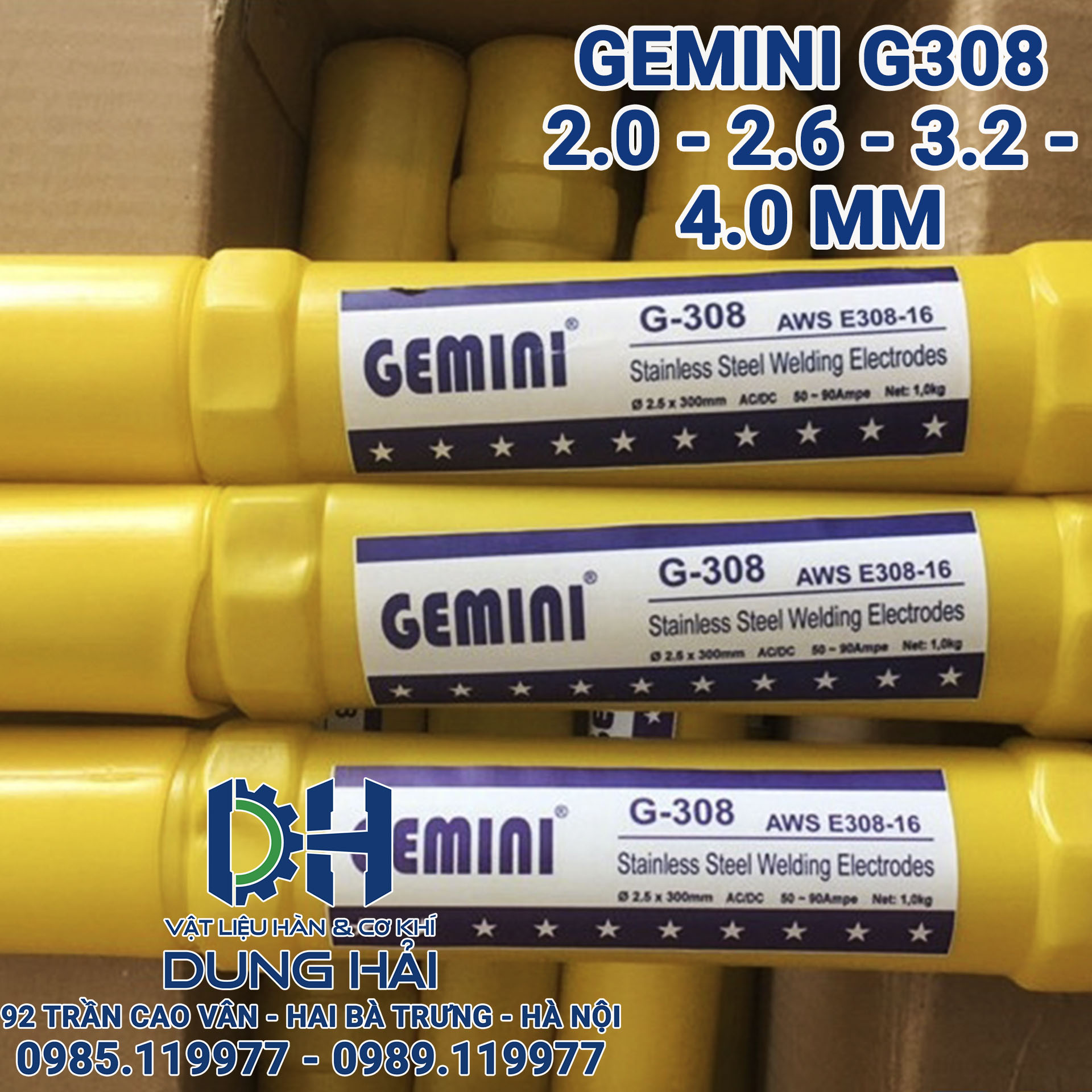 Que hàn inox Kim Tín mã Gemini G308 mác tiêu chuẩn AWS E308-16 hộp nhỏ đóng gói bó 1kg gồm đầy đủ kích cỡ sợi 2ly 2.6ly 3.2ly và 4ly chuyên dụng hàn lắp ráp đồ inox dân dụng gia đình bàn ghế lan can sáng bóng chống rỉ tốt bán tại Cửa hàng vật liệu hàn Dung Hải Chợ Trời Hà Nội.