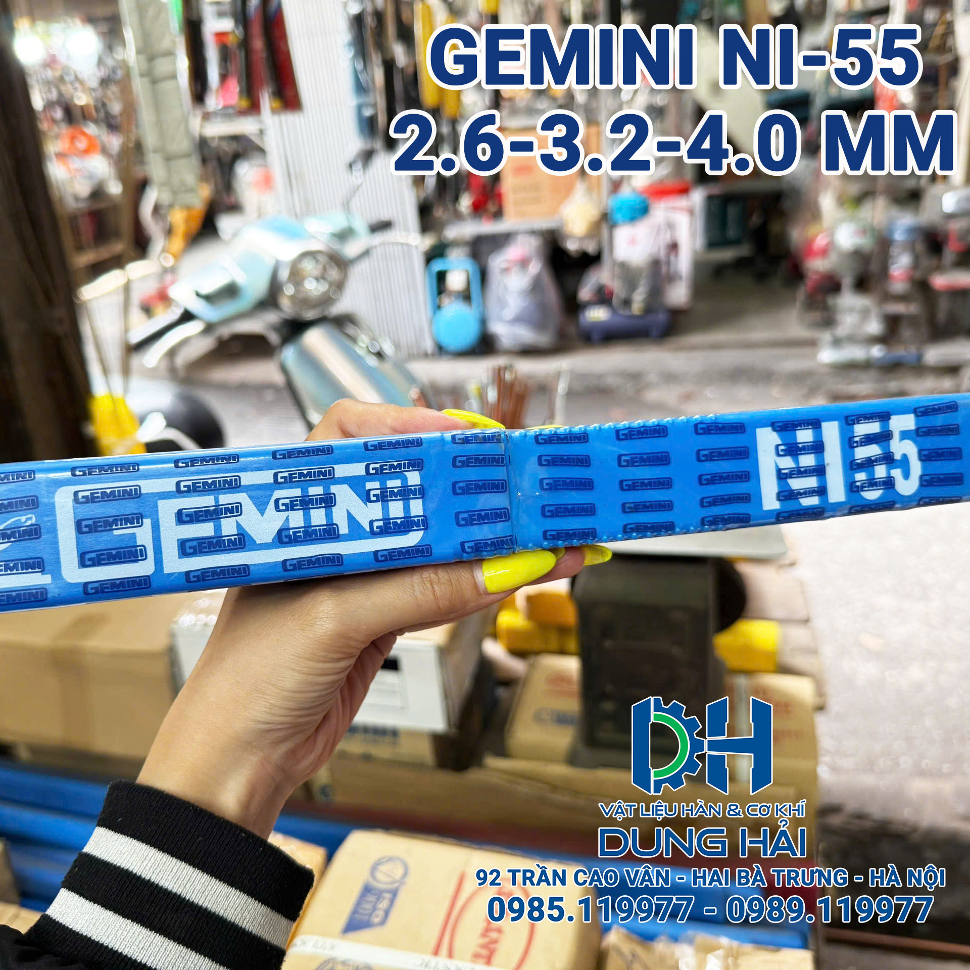 Que hàn gang nguội Gemini Ni55 nhập khẩu Thái Lan tiêu chuẩn AWS E NiFe-Cl lõi 55% nikel đóng gói hộp 1kg sợi 3.2ly và 4ly chuyên hàn không nhiệt cứu vá vỏ máy hộp số bệ máy bị nứt vỡ bán tại Cửa hàng vật liệu hàn Dung Hải Chợ Trời.