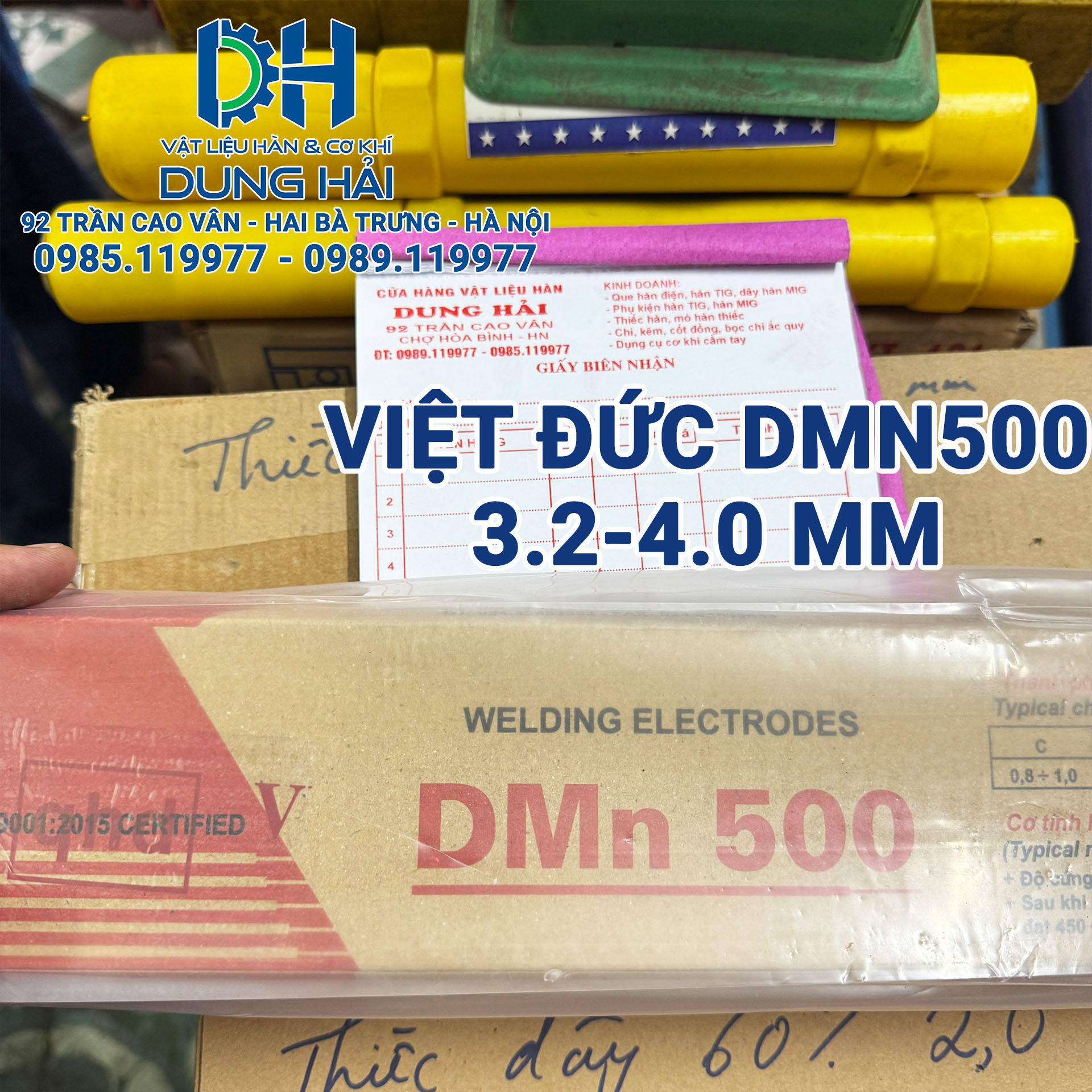 Que hàn đắp cứng chống mài mòn Việt Đức mã Dmn500 cỡ sợi 4ly đóng gói bó 5kg chuyên dùng để hàn đắp bù búa nghiền đá răng gầu xúc chi tiết máy chịu ma sát cao bán tại Cửa hàng vật liệu hàn Dung Hải Chợ Trời.