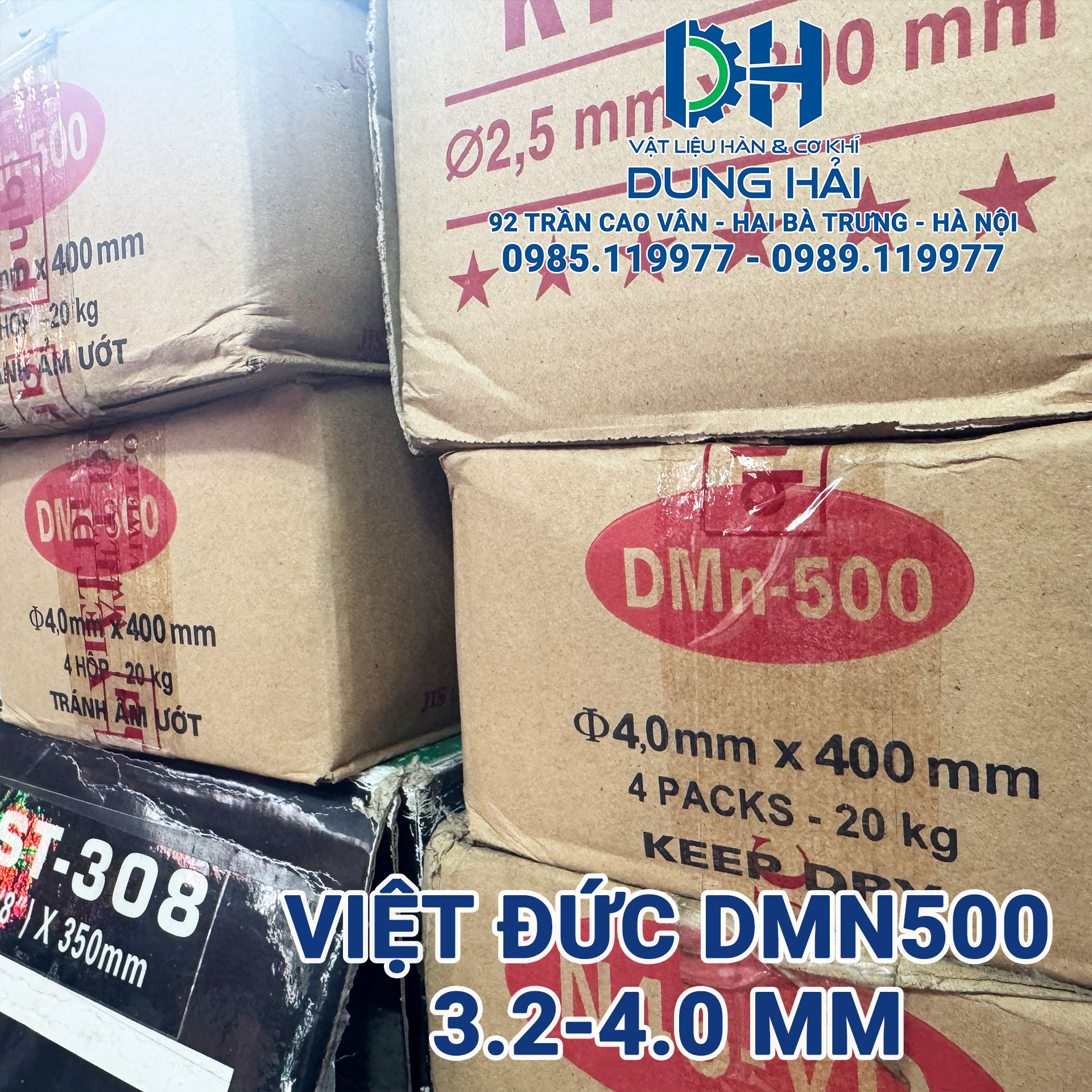 Que hàn đắp cứng chống mài mòn Việt Đức mã Dmn500 cỡ sợi 4ly đóng gói bó 5kg chuyên dùng để hàn đắp bù búa nghiền đá răng gầu xúc chi tiết máy chịu ma sát cao bán tại Cửa hàng vật liệu hàn Dung Hải Chợ Trời.