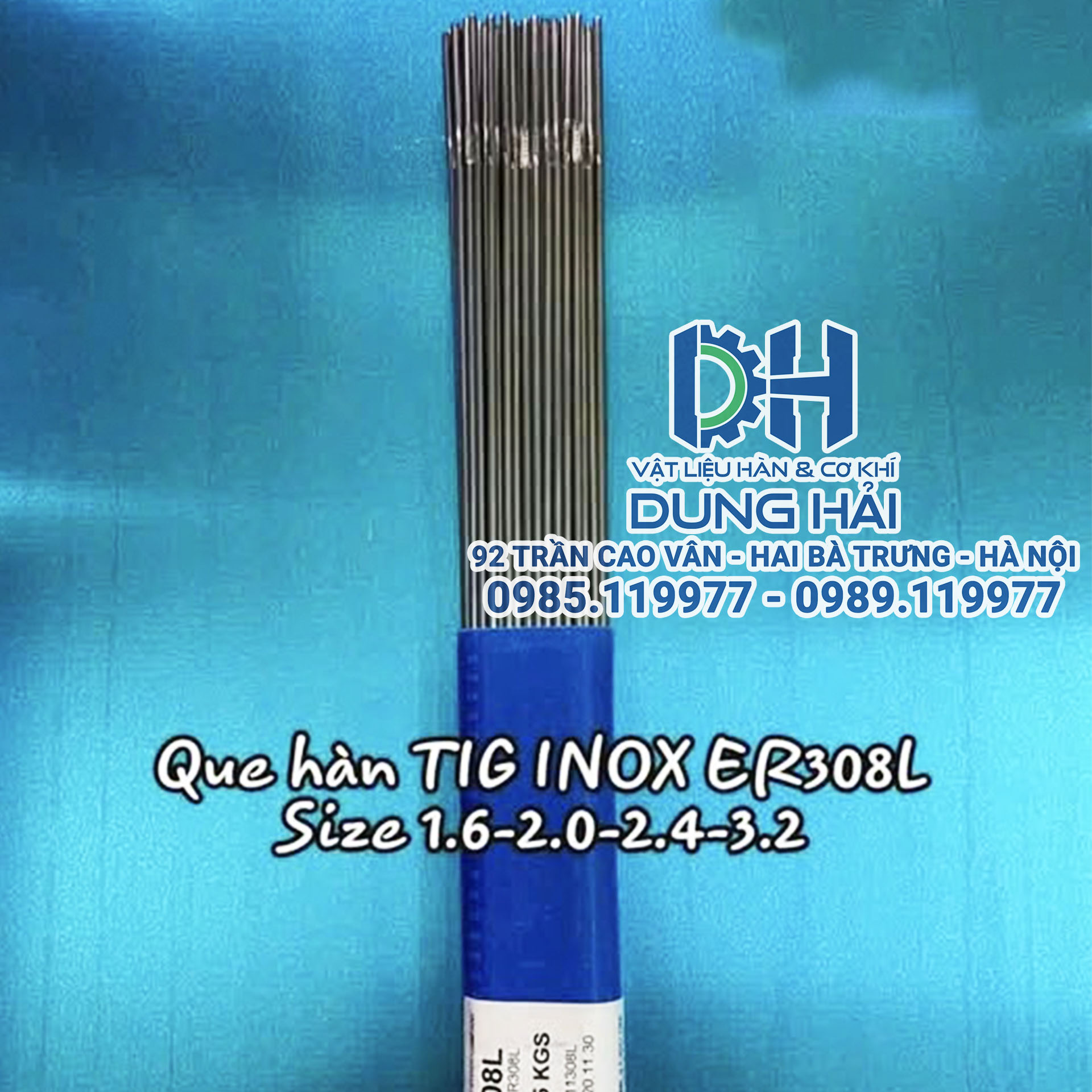 Que bù TIG inox mã ER308L tiêu chuẩn AWS A5.9 đóng gói ống hộp nhựa 5kg đầy đủ kích cỡ sợi 1.6ly 2.0ly 2.4ly và 3.2ly chuyên hàn bù inox 304 và 201 cho lan can bàn ghế bồn bể sáng bóng không rỉ bán tại Cửa hàng vật liệu hàn Dung Hải Chợ Trời.