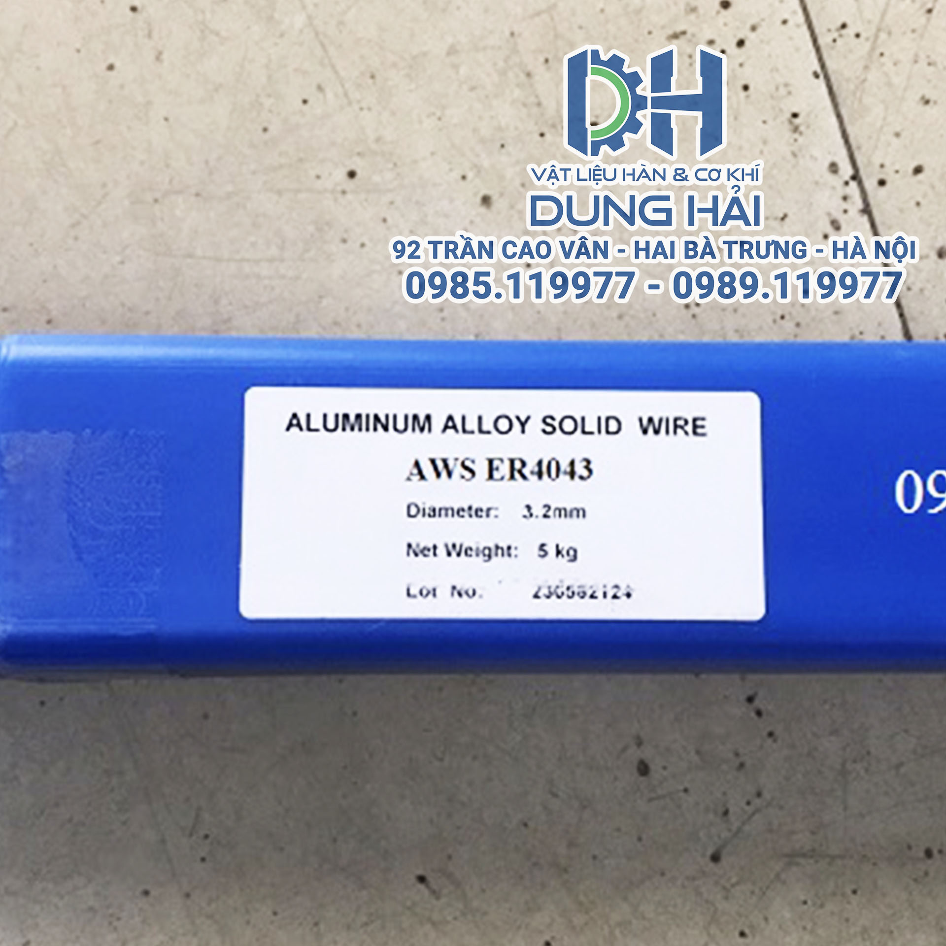 Que bù TIG nhôm Silicon mã ER4043 tiêu chuẩn AWS A5.10 nhập khẩu đóng gói bó 5kg hộp thùng 10kg gồm các cỡ sợi 1.6ly 2.0ly 2.4ly và 3.2ly chuyên hàn bồn chứa nội thất khung nhôm định hình hệ 6xxx bán tại Cửa hàng vật liệu hàn Dung Hải Chợ Trời.