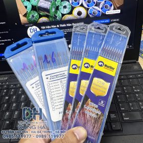 Kim hàn TIG đầu đỏ mã WT20 kích thước 1.6x150mm quy cách vỉ 10 cây chất liệu vonfram nén đặc chuyên dụng mài nhọn hoắt để hàn inox mỏng tôn mỏng bắt lửa cực nhạy chống bẹp đầu kim bán tại Cửa hàng vật liệu hàn Dung Hải Chợ Trời Hà Nội.